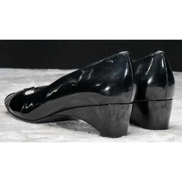 Stuart Weitzman Black Patent Leather Wedge Open Toe Heels Womens Size 9 - Picture 13 of 16